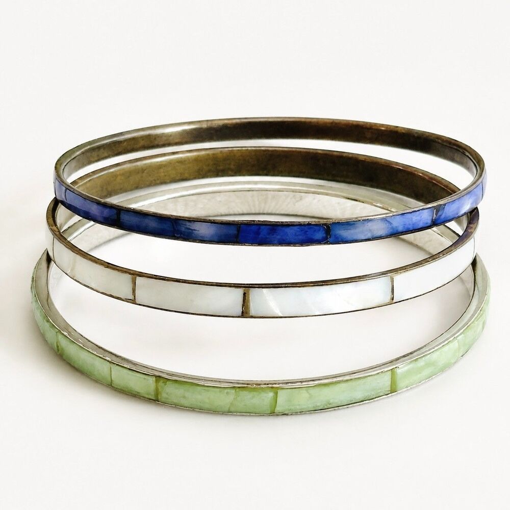 Vintage Bracelet Set Of 3 Mother of Pearl Shell Inlay Ivory Blue Green Stackable